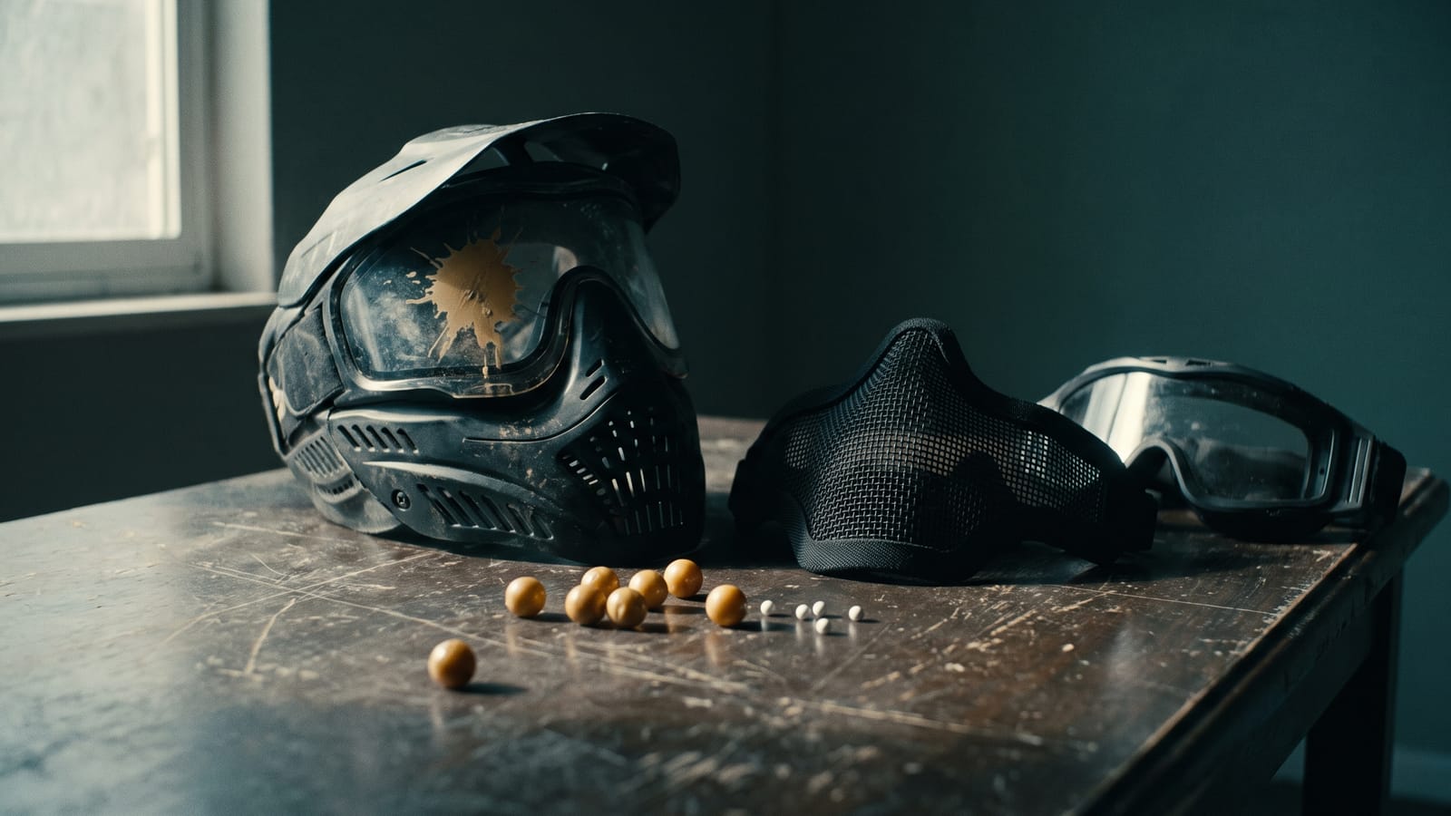 Una maschera da paintball macchiata di vernice, una maschera a rete da softair e un paio di occhiali protettivi su un tavolo, con alcune palline da paintball e pallini bianchi da softair