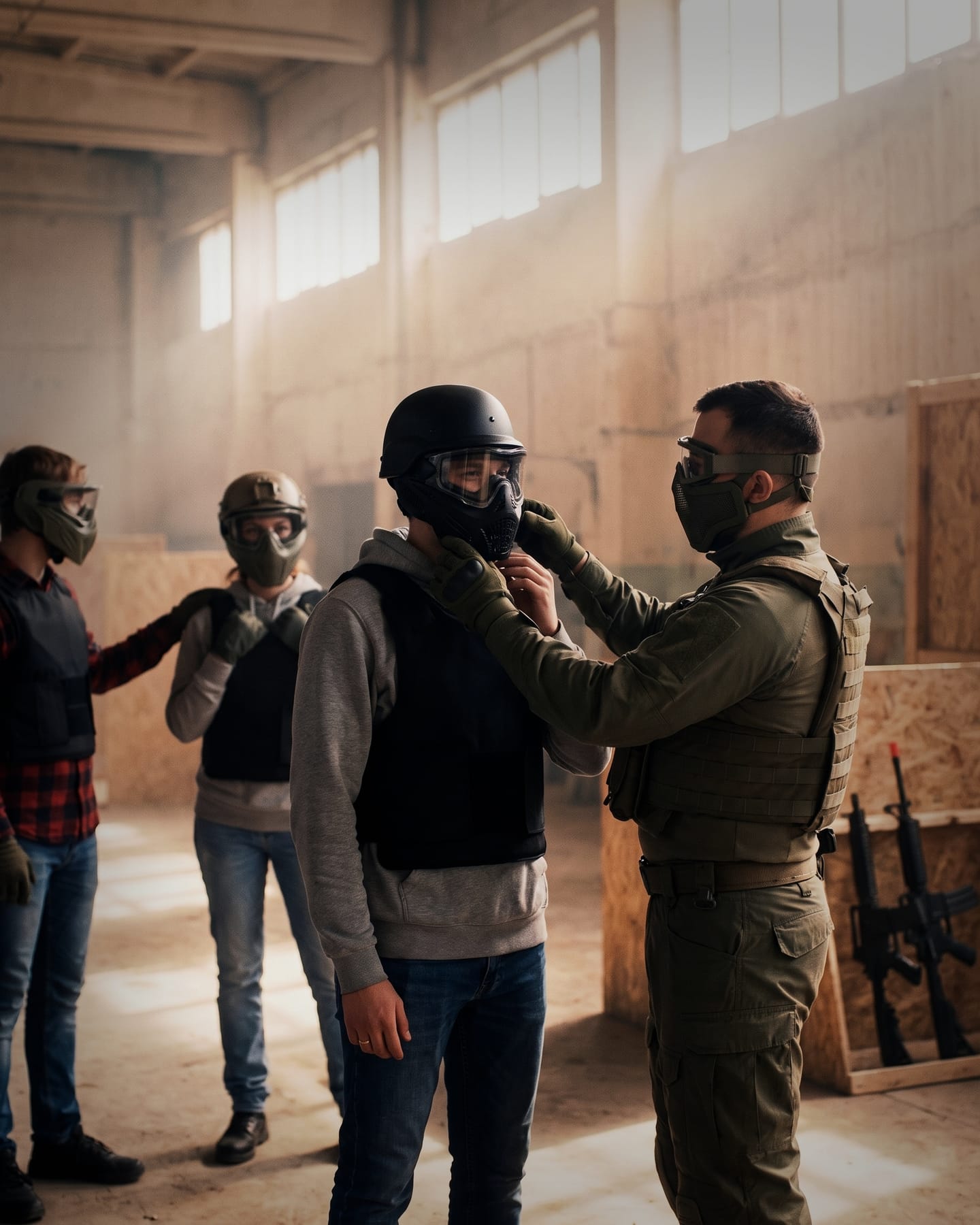 L'istruttore sistema la maschera a un principiante prima del primo allenamento, mentre altri due aspettano il loro turno.
