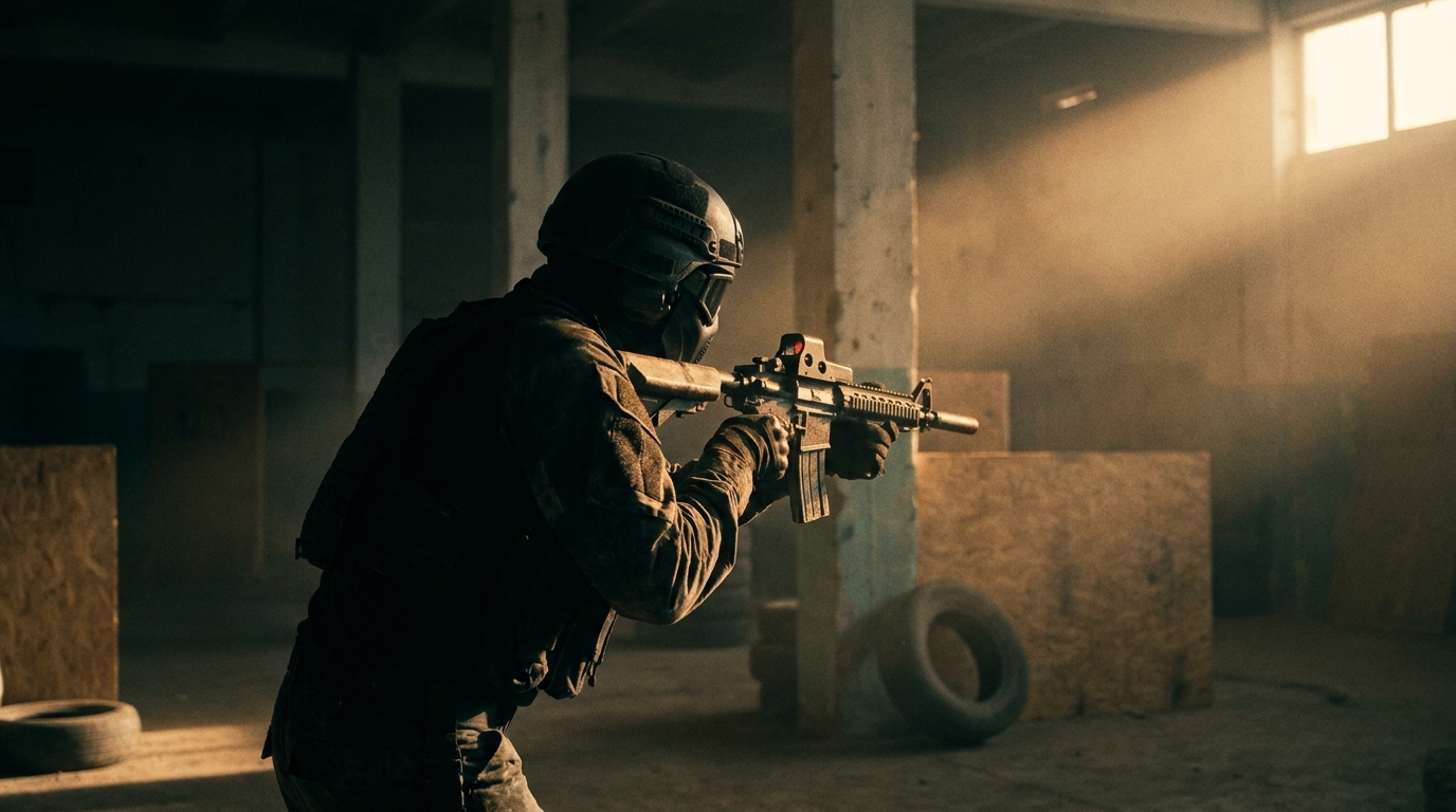 Giocatore di softair in tenuta tattica che prende la mira nella luce di un'arena indoor.