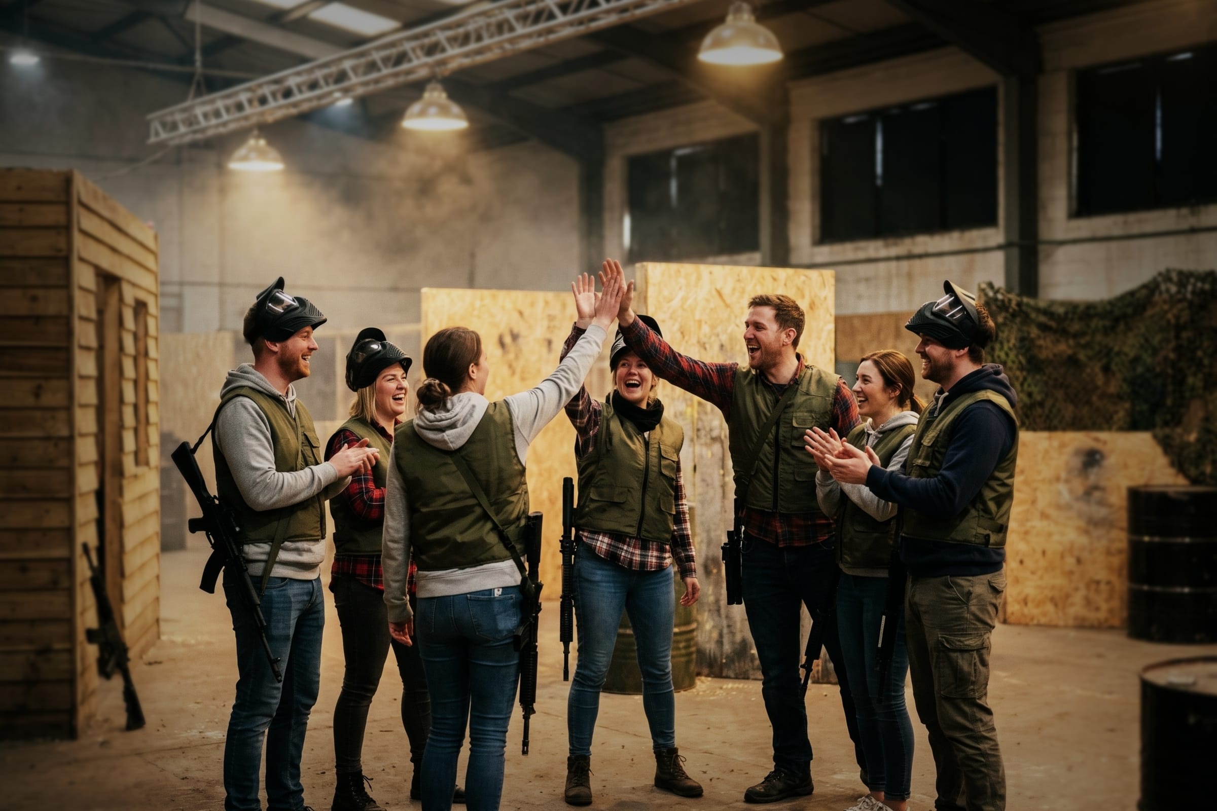 Un gruppo di amici in tenuta da softair si dà il cinque a fine partita, nell'arena al coperto.